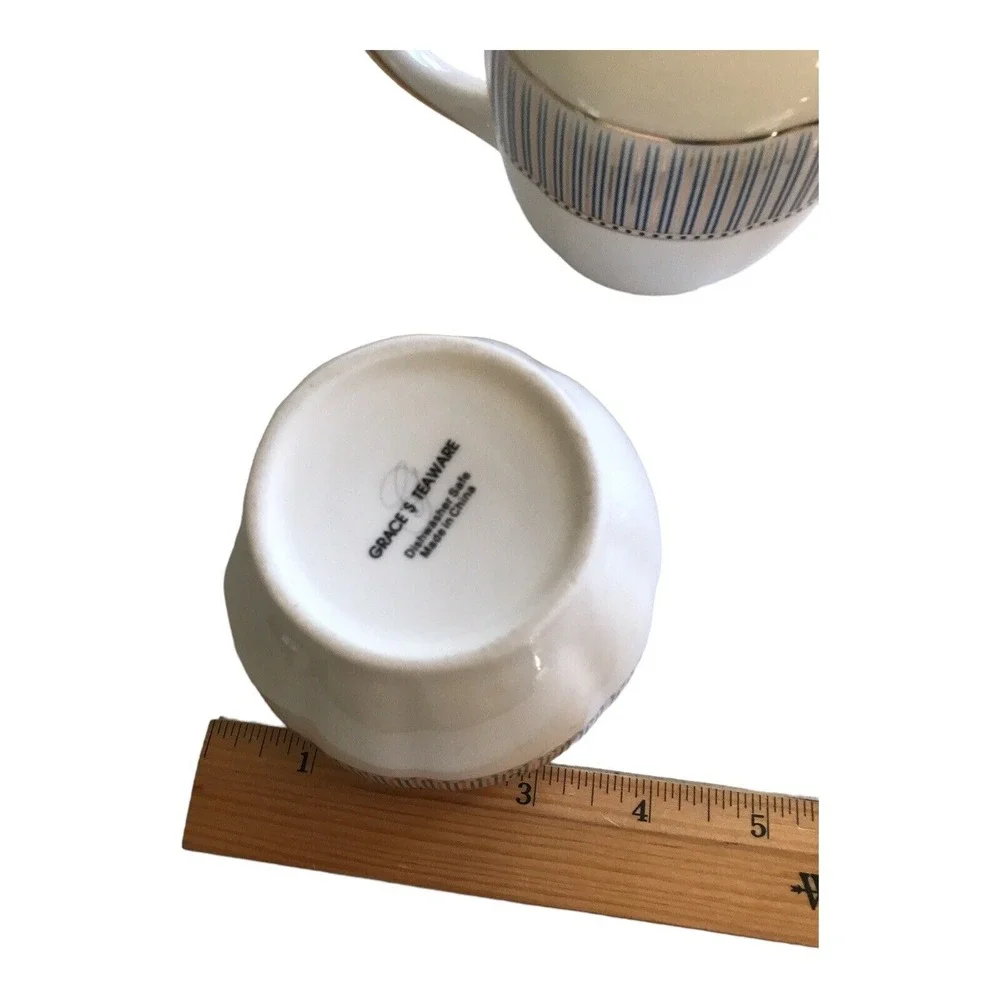 Grace's Teaware Porcelain Cream & Sugar Set Tea Serving‎ White Blue Gold Stripes